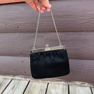 HL USA Vintage Evening Bag Womens Black Satin Silver‎ Frame Rhinestone Bow Clasp